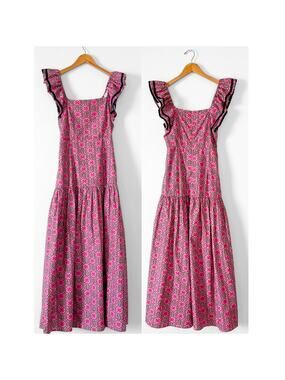 Rhode Pink Navy Floral Flutter Sleeve Wedding Guest Cotton Summer Maxi Dress